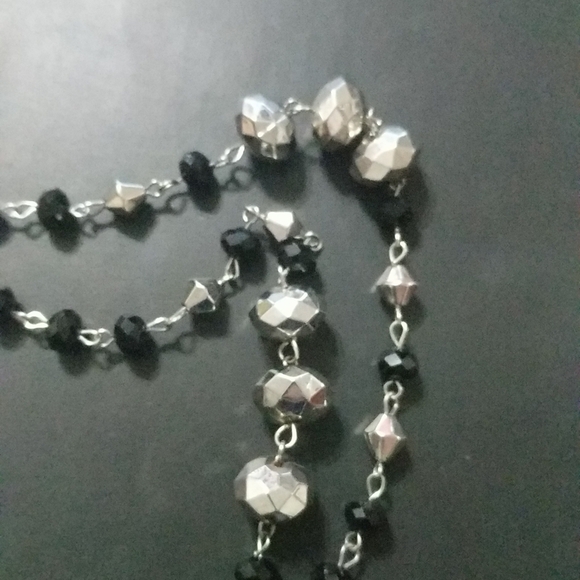 Silver Tone Black Beaded Rhinestone Long Strand Statement Necklace - Picture 3 of 4